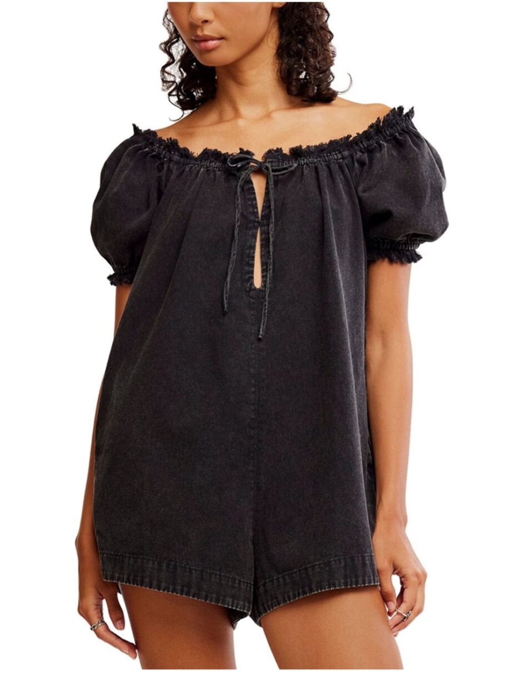 We The Free Daisy Denim Babydoll Romper with Frayed Trim